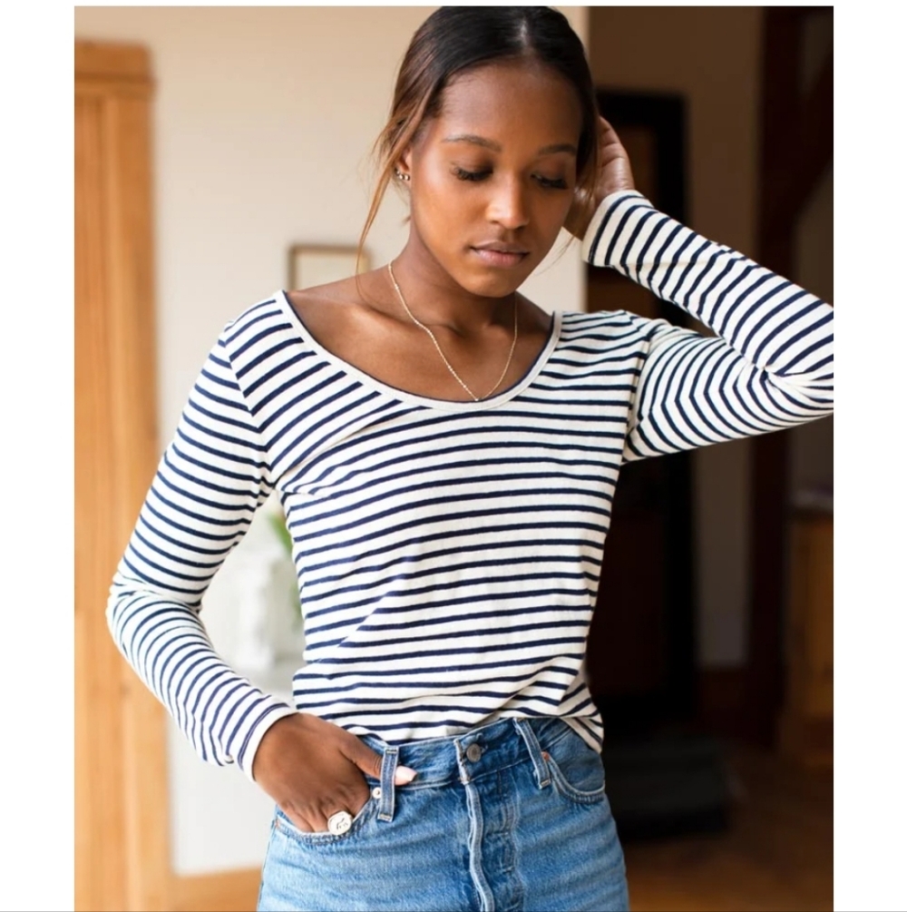 Emerson Fry Organic Ballet Navy and White Striped Long Sleeve Scoopneck